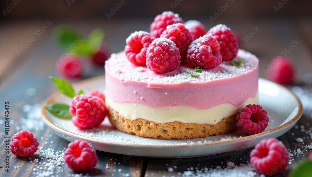 A delicate cascade of raspberries and powdered sugar, pastel colors, dessert decoration A delicate cascade of raspberries and powdered sugar, pastel colors, dessert decoration