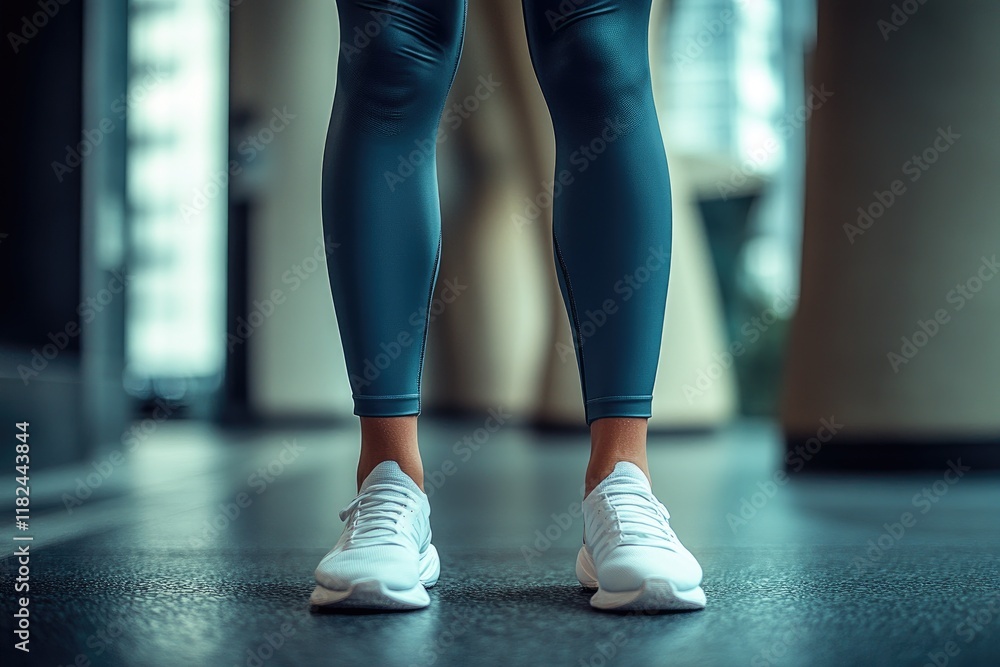 Close-Up of Person in Athletic Leggings and White Sneakers in Urban Setting Close-Up of Person in Athletic Leggings and White Sneakers in Urban Setting
