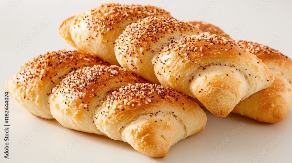 A bunch of freshly baked croissants with sesame seeds on top A bunch of freshly baked croissants with sesame seeds on top
