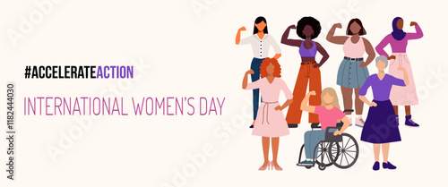 A group of women are standing together on International Women's Day. The image is titled #AccelerateAction and is meant to inspire people to take action for women's rights