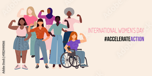 A poster for International Women's Day with a group of women posing with a wheelchair. The poster reads "International Women's Day: Accelerate Action"