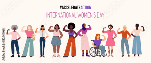 A group of women are standing in a row, with one woman in a wheelchair. The image is titled "International Women's Day" and is part of a larger poster