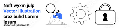 Wallpaper Mural Man holding magnifying glass, examining details adjacent gear and padlock elements. Ideal for security, technology, privacy, analysis, data protection, IT systems inspection themes. Landing page Torontodigital.ca