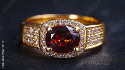 Exquisite Gold Ring with Precious Garnet and Diamonds - A Showstopping Piece of Jewelry photo