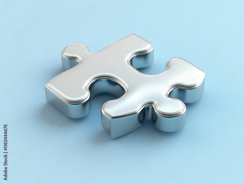 Fototapeta premium Single metallic puzzle piece on light blue background.