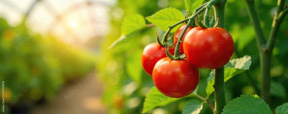 Red tomatoes ripening in the warm sunlight on the vine, natural, greenhouse Red tomatoes ripening in the warm sunlight on the vine, natural, greenhouse