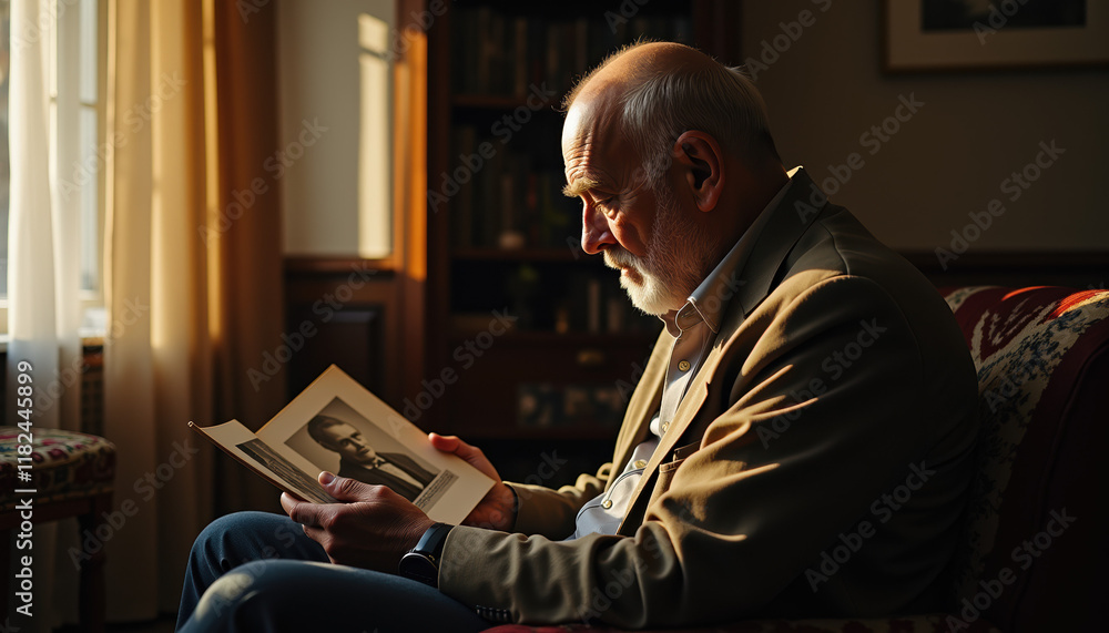 An elderly white man reading a book indoors, bathed in soft sunlight, portraying a contemplative and comfortable moment.
