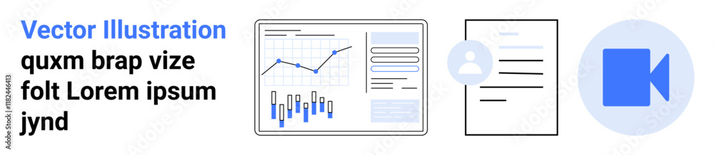 Bar chart, line graph, analytics dashboard, profile page, document layout, blue video icon. Ideal for business presentations, data analysis, user profiles, document management, video calls Bar chart, line graph, analytics dashboard, profile page, document layout, blue video icon. Ideal for business presentations, data analysis, user profiles, document management, video calls