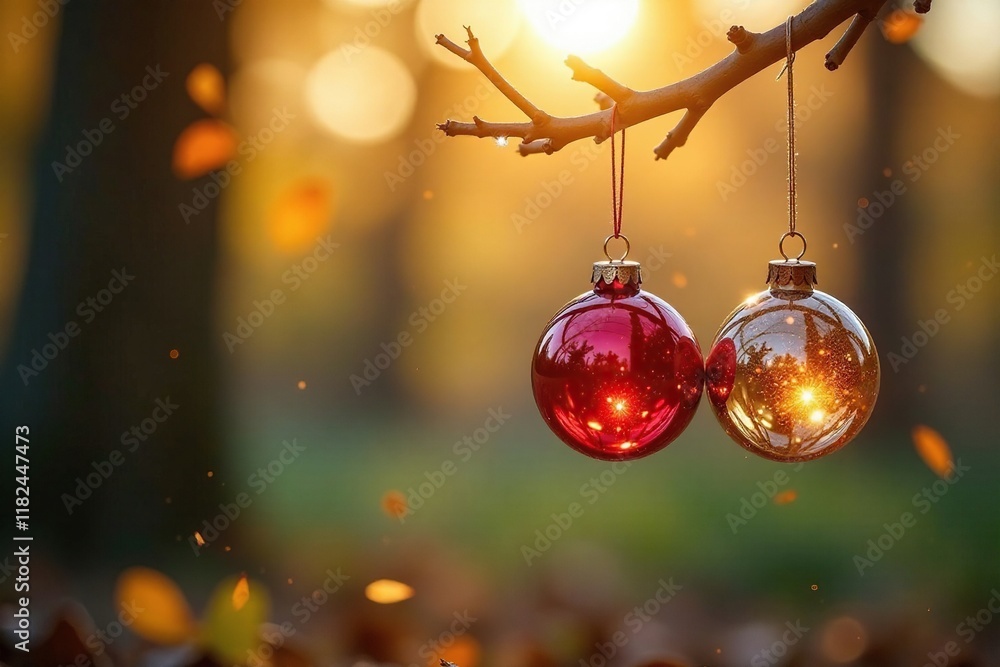 sparkling glass baubles dangle from branches in a sunlit woodland, autumnal, sunlight, nature sparkling glass baubles dangle from branches in a sunlit woodland, autumnal, sunlight, nature
