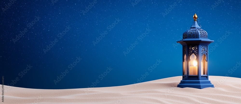 An Arabic lantern with a lit candle, set against a night sky featuring a waning crescent moon, labeled as a Ramadan stock image An Arabic lantern with a lit candle, set against a night sky featuring a waning crescent moon, labeled as a Ramadan stock image