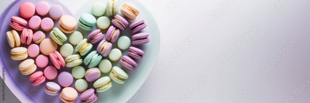Heart shaped macarons arranged on a lavender background with copy space for text. Perfect for Valentine's Day celebrations. Copy space for text banner Heart shaped macarons arranged on a lavender background with copy space for text. Perfect for Valentine's Day celebrations. Copy space for text banner