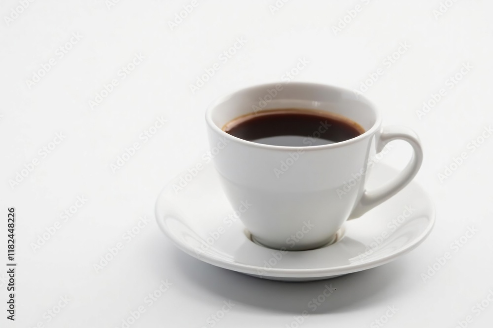 Rich hot coffee in white cup with saucer on pure white background, backlight, america Rich hot coffee in white cup with saucer on pure white background, backlight, america