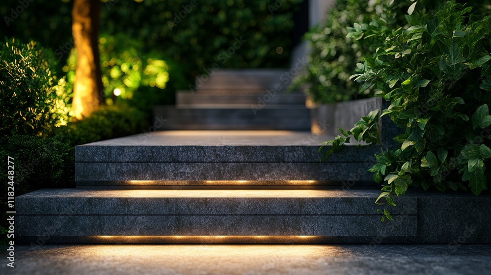 Elegant Outdoor Stone Steps with Garden Lighting at Night Elegant Outdoor Stone Steps with Garden Lighting at Night