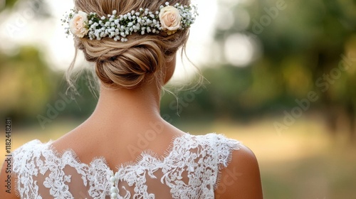 A woman in a wedding dress with a flower crown on her head