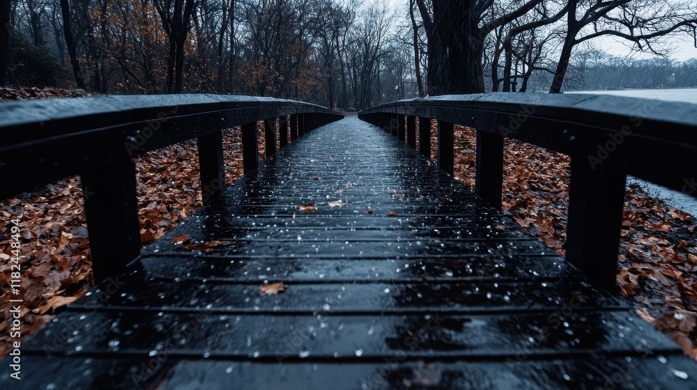 Fototapeta premium A wooden bridge in the middle of a snowy forest