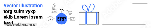 Various business and finance icons such as ERP, search, and gift box. Ideal for business solutions, corporate gifts, software tools, search optimization, email marketing, finance management customer