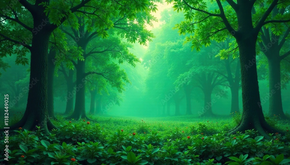 Obraz premium Iridescent forest landscape with trees in varying shades of emerald green, botanical, leaves, foliage