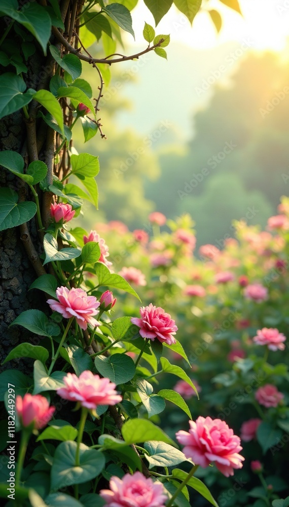 Vines entwined with petals sway gently in breeze, flowers field, organic Vines entwined with petals sway gently in breeze, flowers field, organic