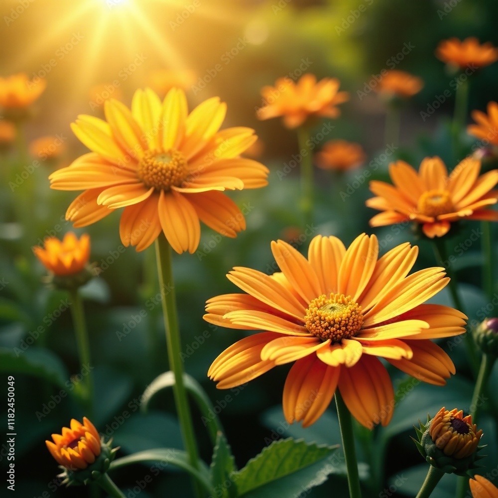 Fototapeta premium Sunlit garden blooms with metallic golden flowers on a floral background, sun, yellow