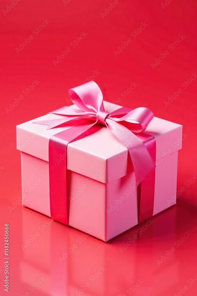 Pink ribbon tied around a rectangular gift box on a bright red background, pretty box, package, pink ribbons Pink ribbon tied around a rectangular gift box on a bright red background, pretty box, package, pink ribbons