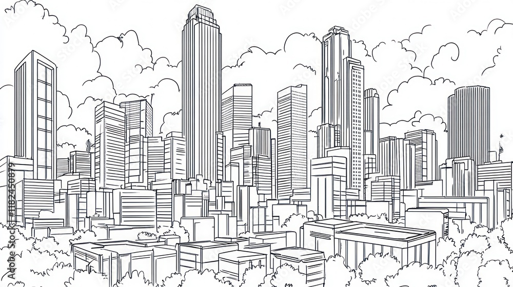 Skyline sketch, city buildings, cloudy day, urban landscape, design Skyline sketch, city buildings, cloudy day, urban landscape, design