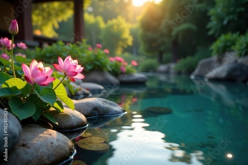 Obraz na płótnie Softly glowing flowers surround a tranquil pool of water in the garden, garden, water, pool w salonie