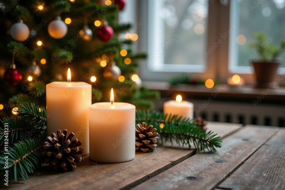 Festive wooden table with candles, pinecones, and a decorated evergreen tree, warm, , holiday Festive wooden table with candles, pinecones, and a decorated evergreen tree, warm, , holiday