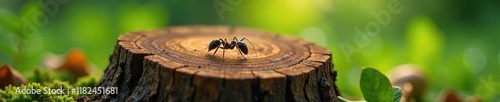 Stump with brown tree ant colony on its surface, lasius brunneus, woodland creatures photo