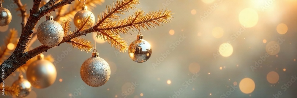Glittering silver and clear glass ornaments cascade down the branches of a stunning golden abstract Christmas tree, branch, clear Glittering silver and clear glass ornaments cascade down the branches of a stunning golden abstract Christmas tree, branch, clear
