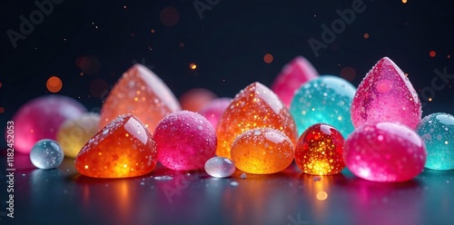 Glistening, crystal-like candy structures in a dark background, shiny, candy