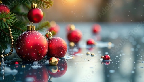 Golden red Christmas decorations scattered on frozen pond surface, gold, decoration, treeballs