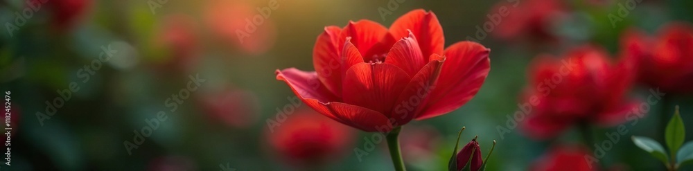 Velvety red petals unfolding from a slender green stem, blossom, flowers