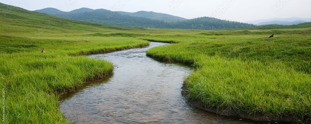 Serene Landscape with Stream and Lush Green Grass Serene Landscape with Stream and Lush Green Grass