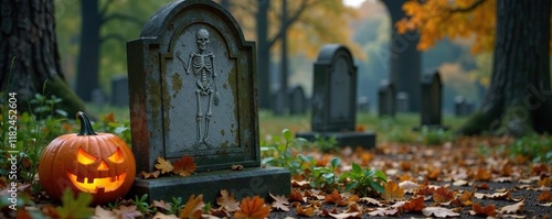 Carved pumpkins and skeletons adorn a crumbling headstone in a neglected cemetery, neglect, decay, skeletons photo