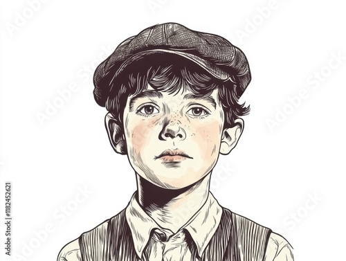 nostalgic hand-drawn illustration of young boy in vintage style with detailed line work and classic character design on clean white background photo