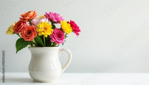 Wallpaper Mural Colorful flowers fill a small ceramic jug on a clean white surface, flowerpot, colorful, blooms Torontodigital.ca