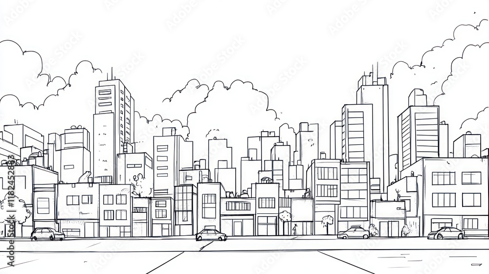 Fototapeta premium Sketchy city skyline, street view, cloudy day, urban planning illustration