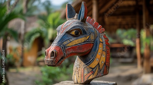 Colorful wooden horse head sculpture, tropical village background, cultural art photo