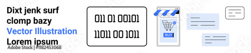 Blue Vector Illustration text, binary code in two blocks, mobile phone with shopping cart app, and speech boxes. Ideal for e-commerce, technology, coding, communication, online shopping, digital