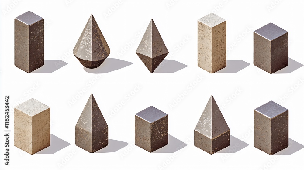 Obraz premium Isometric 3D Geometric Shapes Render- Cubes, Cones, and Pyramids