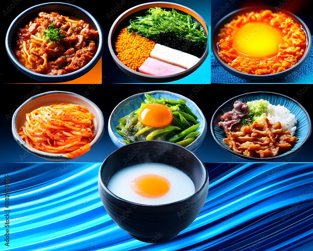 Assorted Asian Cuisine with Vibrant Ingredients and Egg Toppings on a Dynamic Blue Background Assorted Asian Cuisine with Vibrant Ingredients and Egg Toppings on a Dynamic Blue Background
