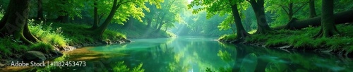 Aquatic forest scene with green lake water and gently swaying trees, nature, aquatic
