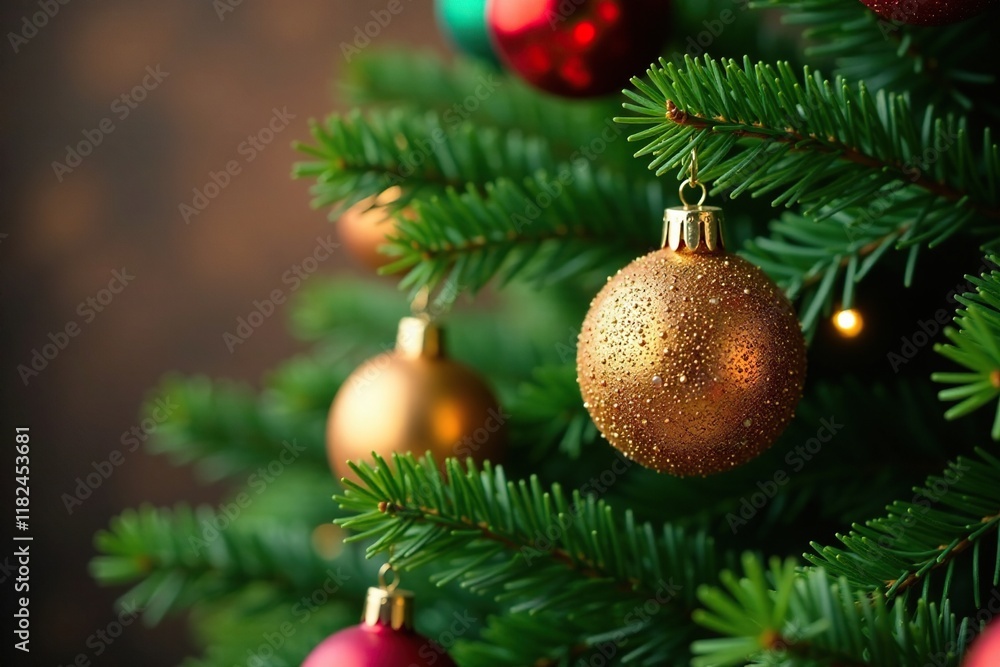 Glittering ornaments adorn branches of lush green tree, festive, ornaments, tree Glittering ornaments adorn branches of lush green tree, festive, ornaments, tree