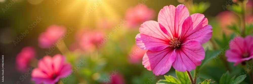 Fototapeta premium Pink geranium petals unfolding in the warm sunlight, garden flowers, garden