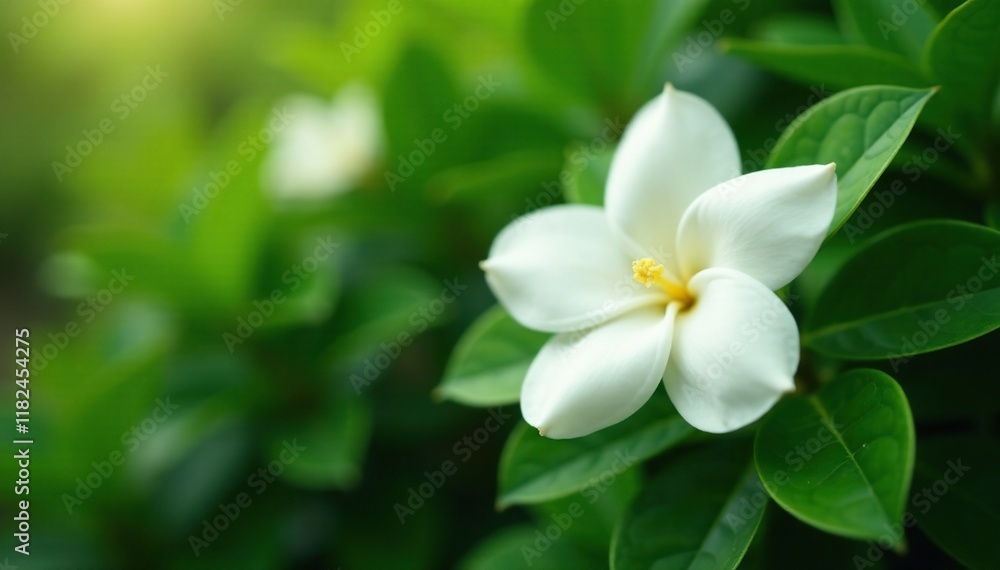 White flower blooming on green leaves in the gardenia bush, in bloom, flowers, flowering White flower blooming on green leaves in the gardenia bush, in bloom, flowers, flowering