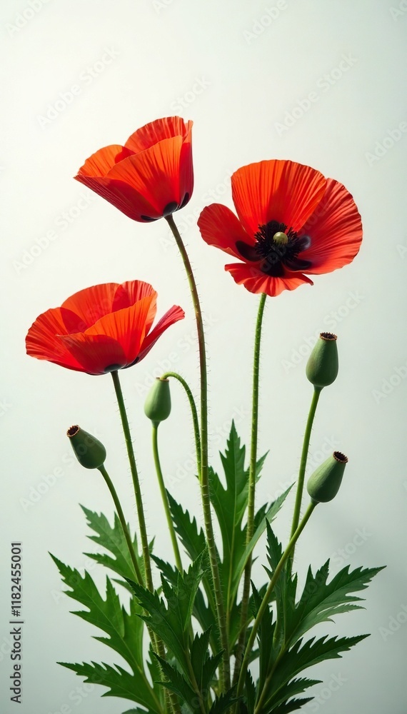 Fototapeta premium Poppy stems with leaves and flowers in full growth, spring, nature, bloom