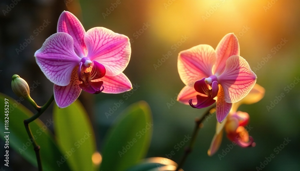 exotic orchids in a garden with a warm golden glow, lush, warm