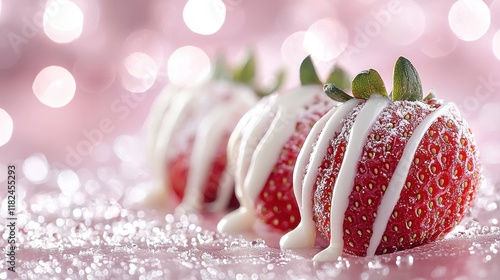 A close up of three strawberries covered in white icing
