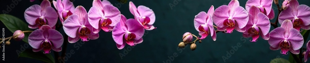 Obraz premium Delicate orchids dangle in a lush garland against dark netting, orchids, flower, background