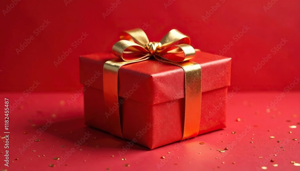 Gift box on top of a bright red and gold metallic background, package, present, metallic Gift box on top of a bright red and gold metallic background, package, present, metallic